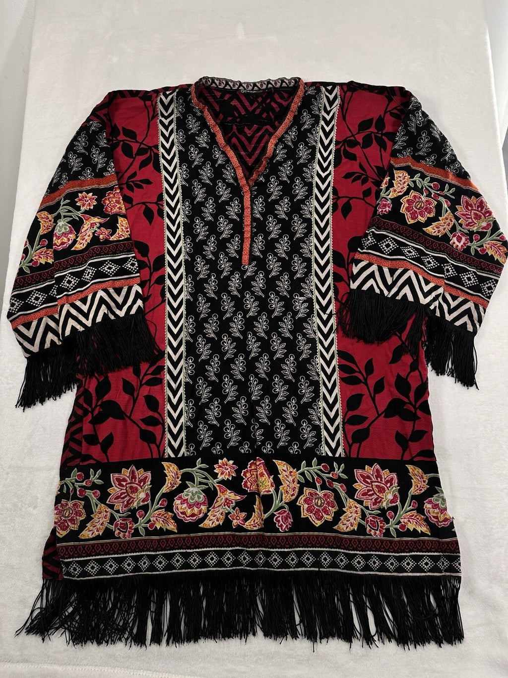 Alkaram Studio Tunic Top Large Fringe Boho Pakistani Womens Red Black