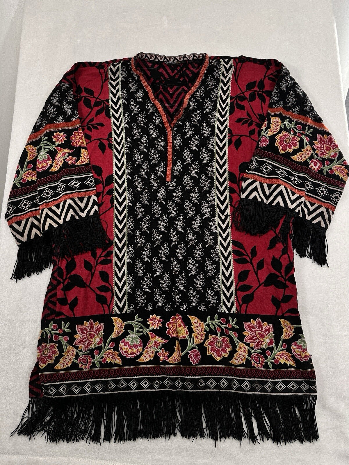 Alkaram Studio Tunic Top Large Fringe Boho Pakistani Womens Red Black