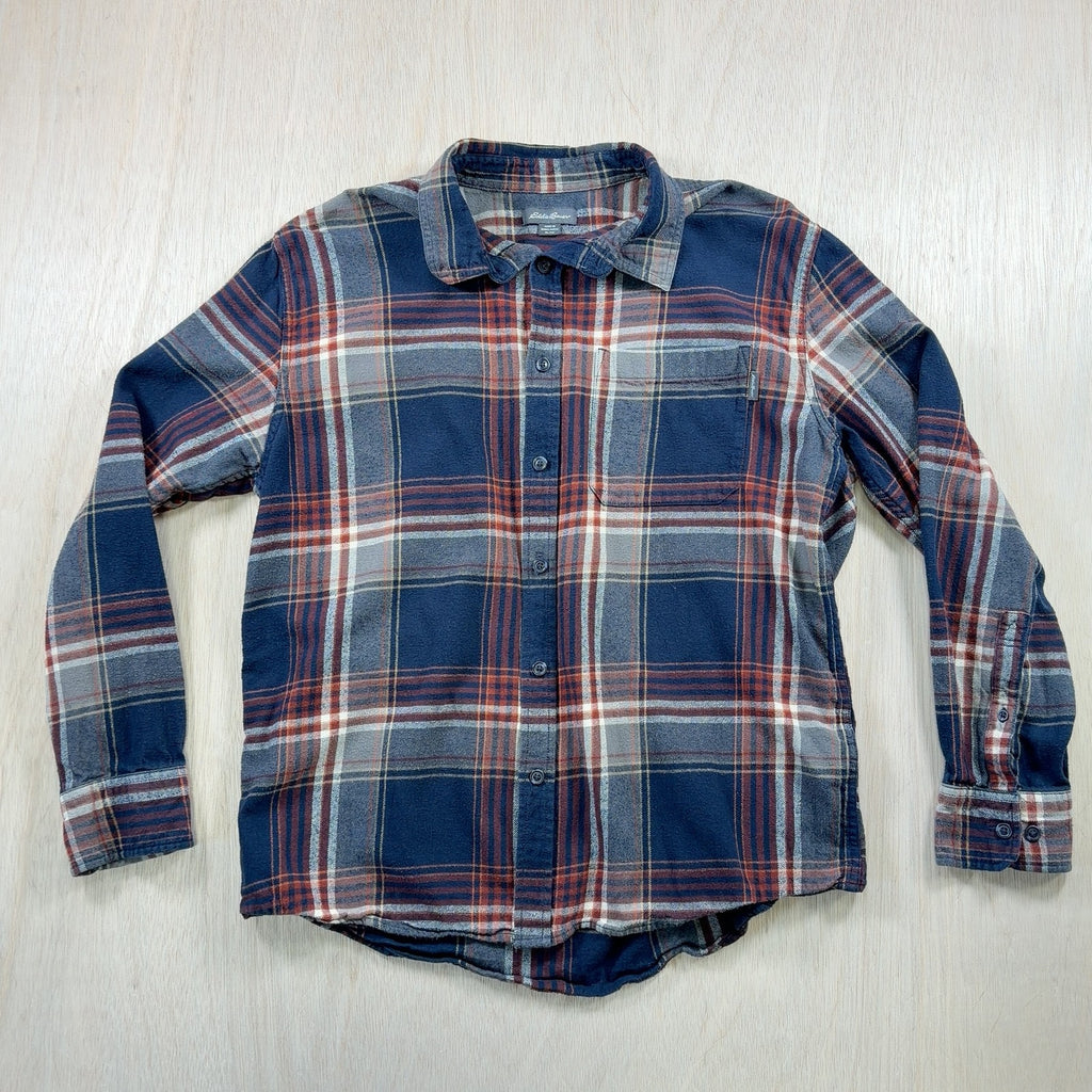Eddie Bauer Flannel Shirt XL Navy plaid 100% cotton chest pocket button front