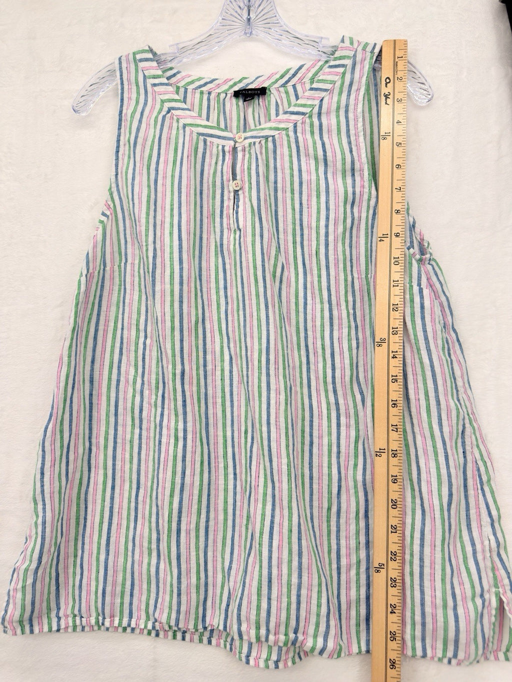 Talbots 100% Linen Top Large Sleeveless Striped Blue Pink Green Womens Blouse