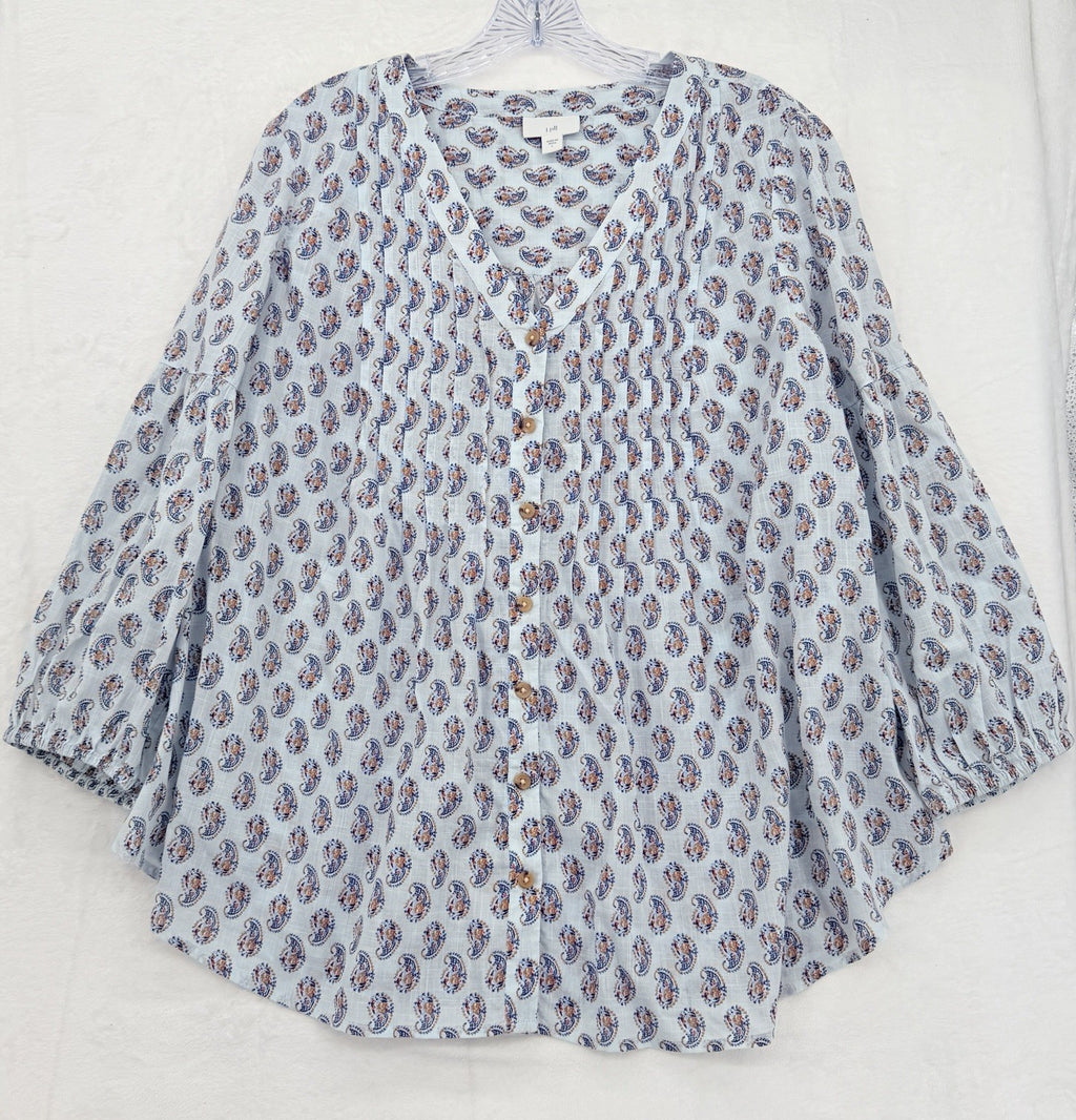 J Jill Top Large Blue Floral Madeira Pintuck Blouse 100% Cotton 3/4 Sleeve Women
