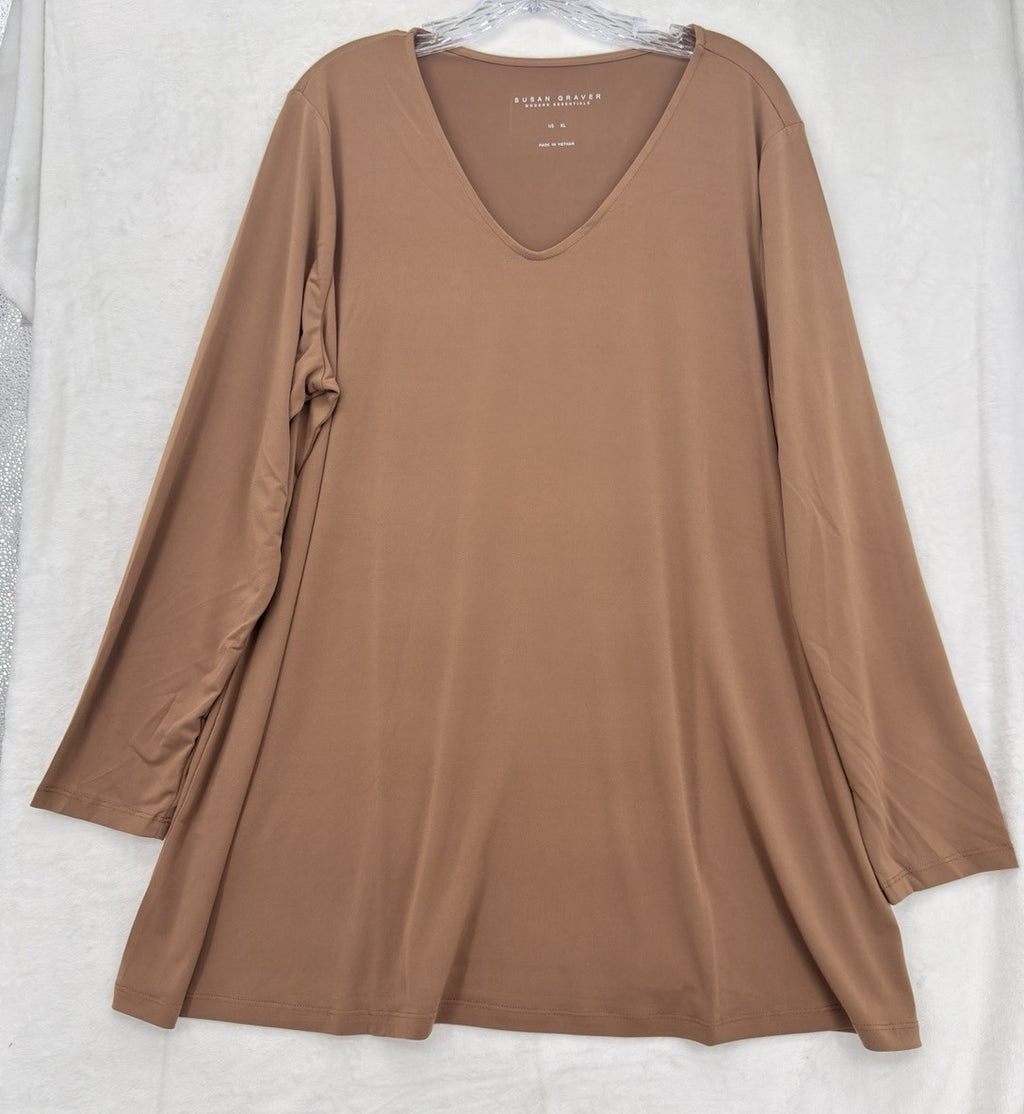 Susan Graver Modern Essentials Liquid Knit Top XL Womens Cocoa Brown Long Sleeve