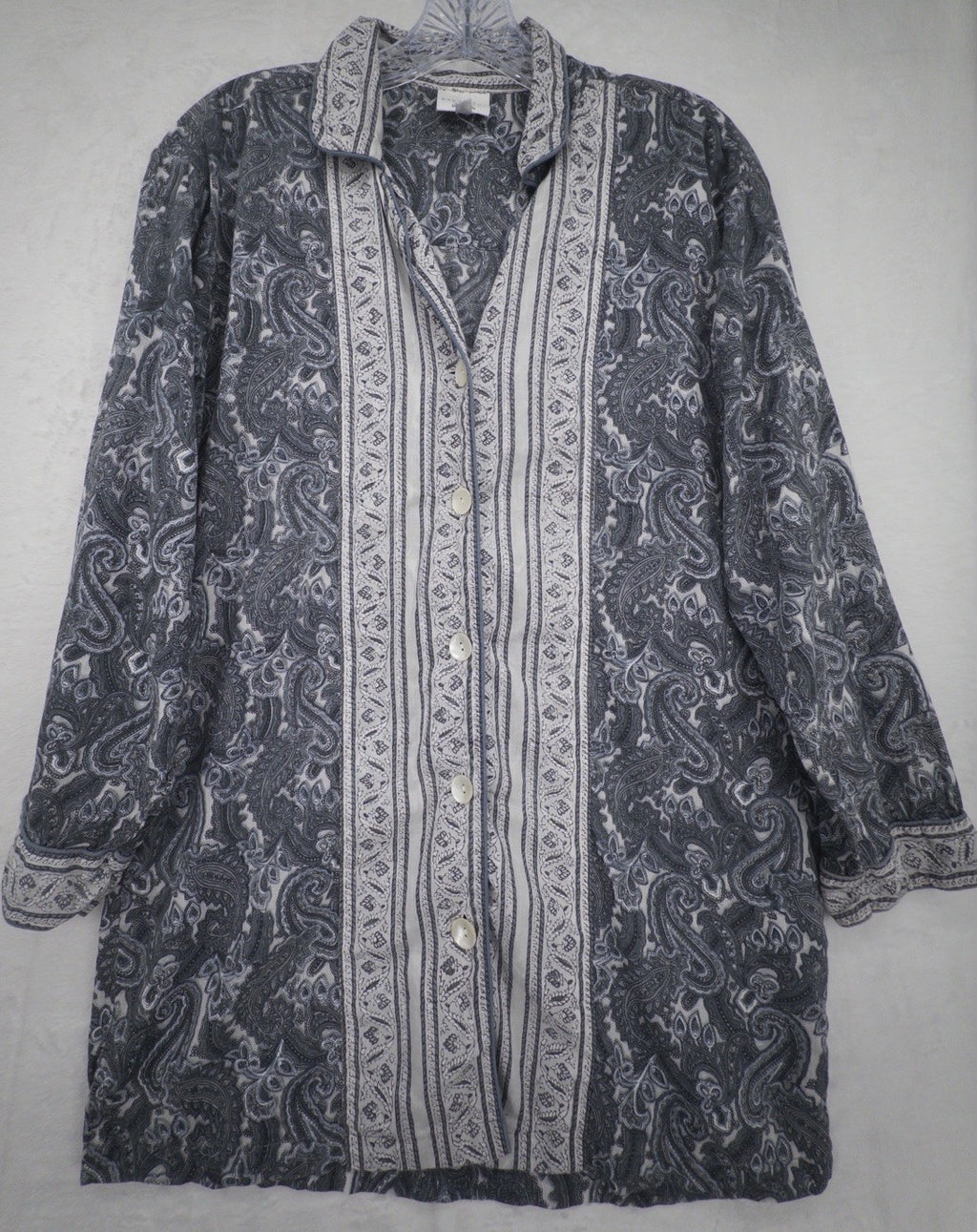 Handprint Tunic 100% Cotton Medium Women Gray Button Up Shirt Medium Boho India