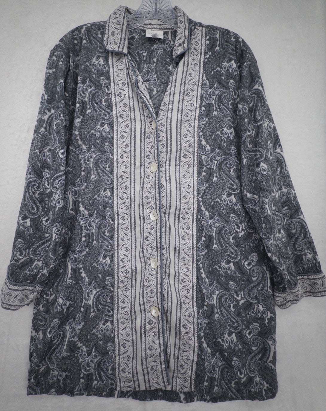 Handprint Tunic 100% Cotton Medium Women Gray Button Up Shirt Medium Boho India