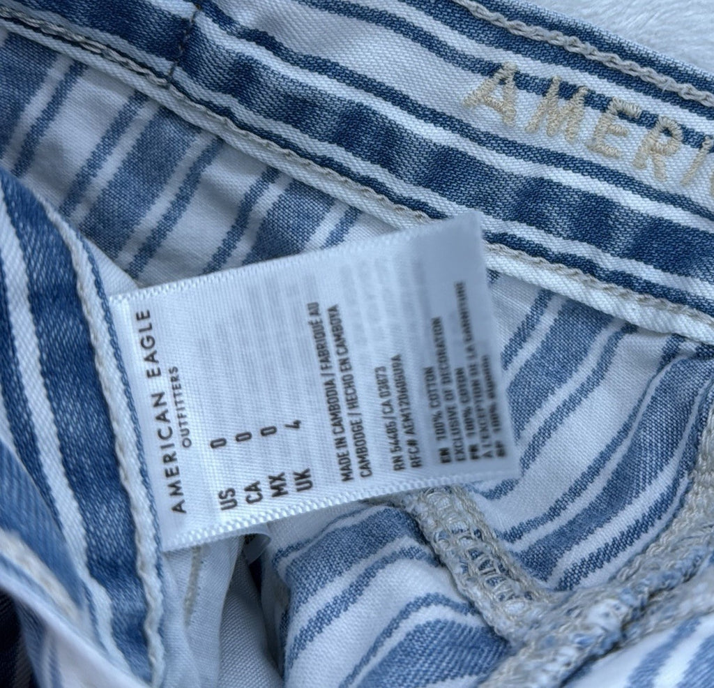 American Eagle Jean Shorts 0 Women Blue White Striped Denim Cuffed 100% Cotton