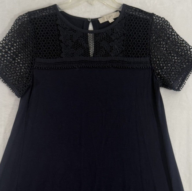 Ann Taylor Loft Dress Small Tall ST Navy Blue A-Line Crochet Knit Short Sleeve