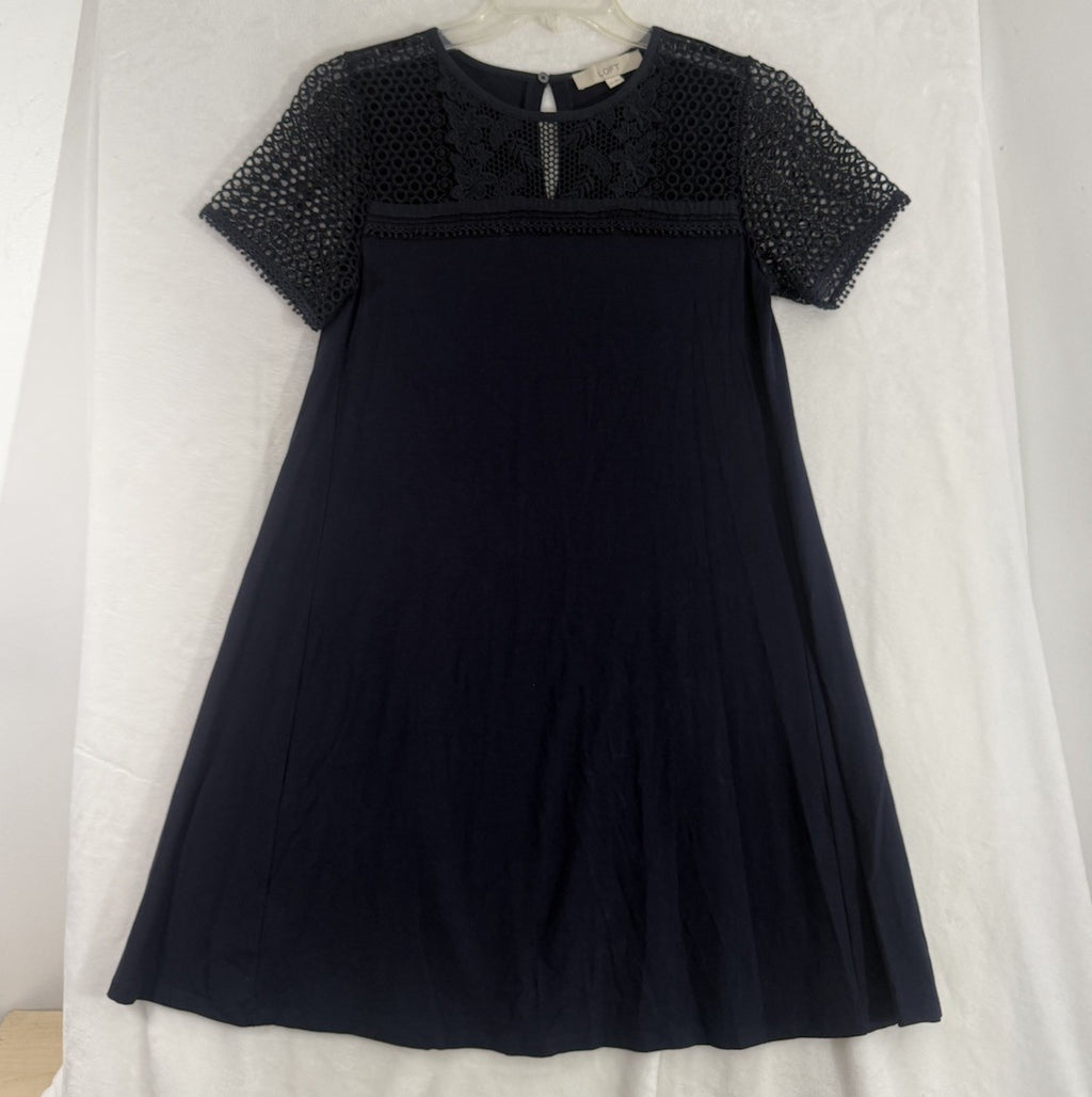Ann Taylor Loft Dress Small Tall ST Navy Blue A-Line Crochet Knit Short Sleeve