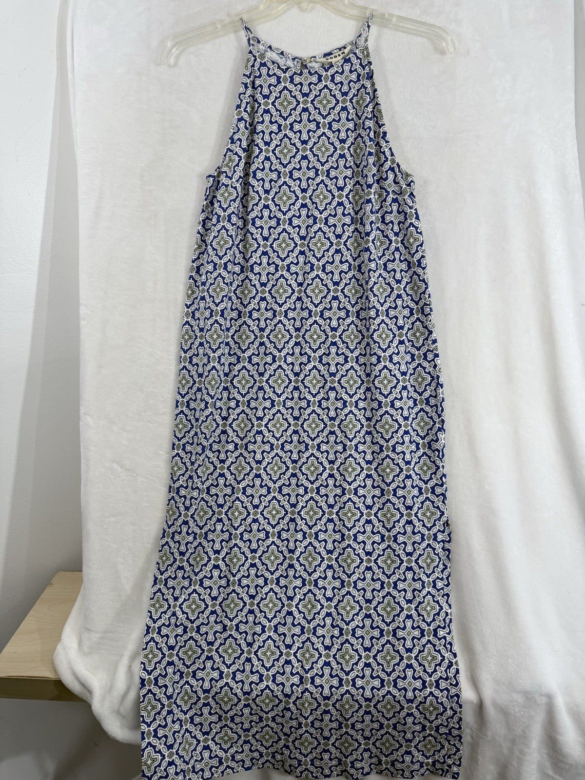 Boden Dress 6 Maxi Sleeveless Blue White Geometric Print 100% Cotton Womens