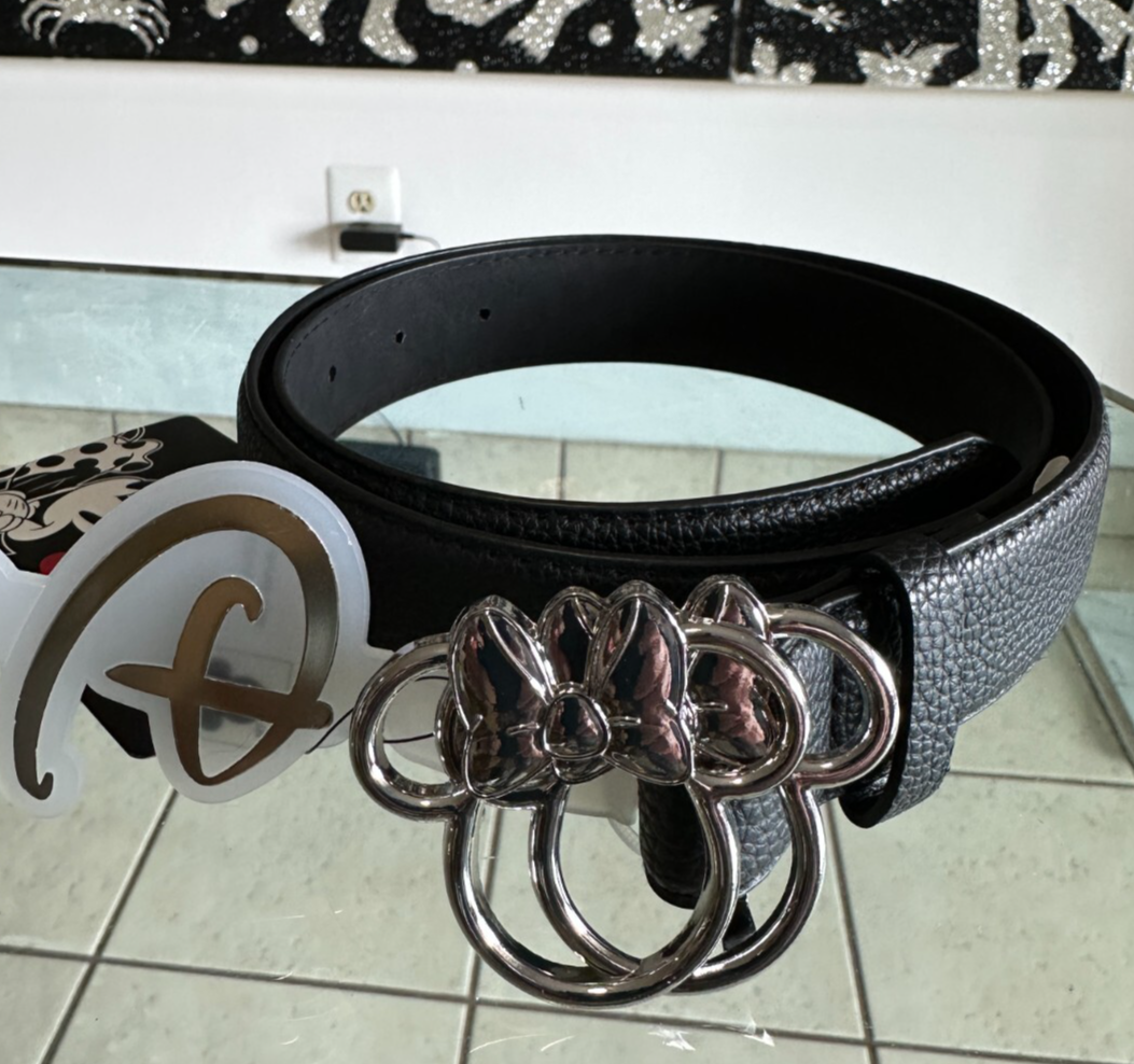 Minnie Mouse Belt Women’s Small Black Pebbled Silver Buckle Walt Disney Ea NEW