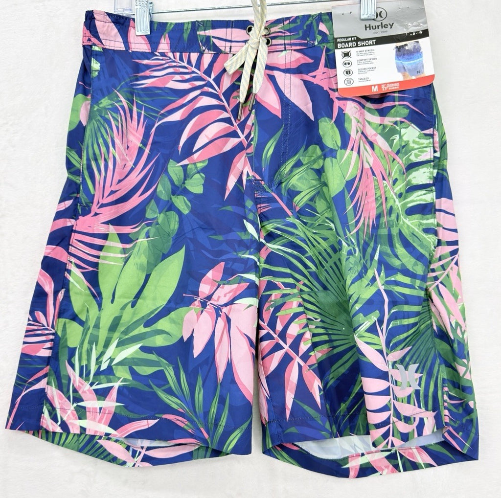 Hurley Board Shorts Medium Mens Blue Floral Unlined Pockets Swim Trunks 9” NWT