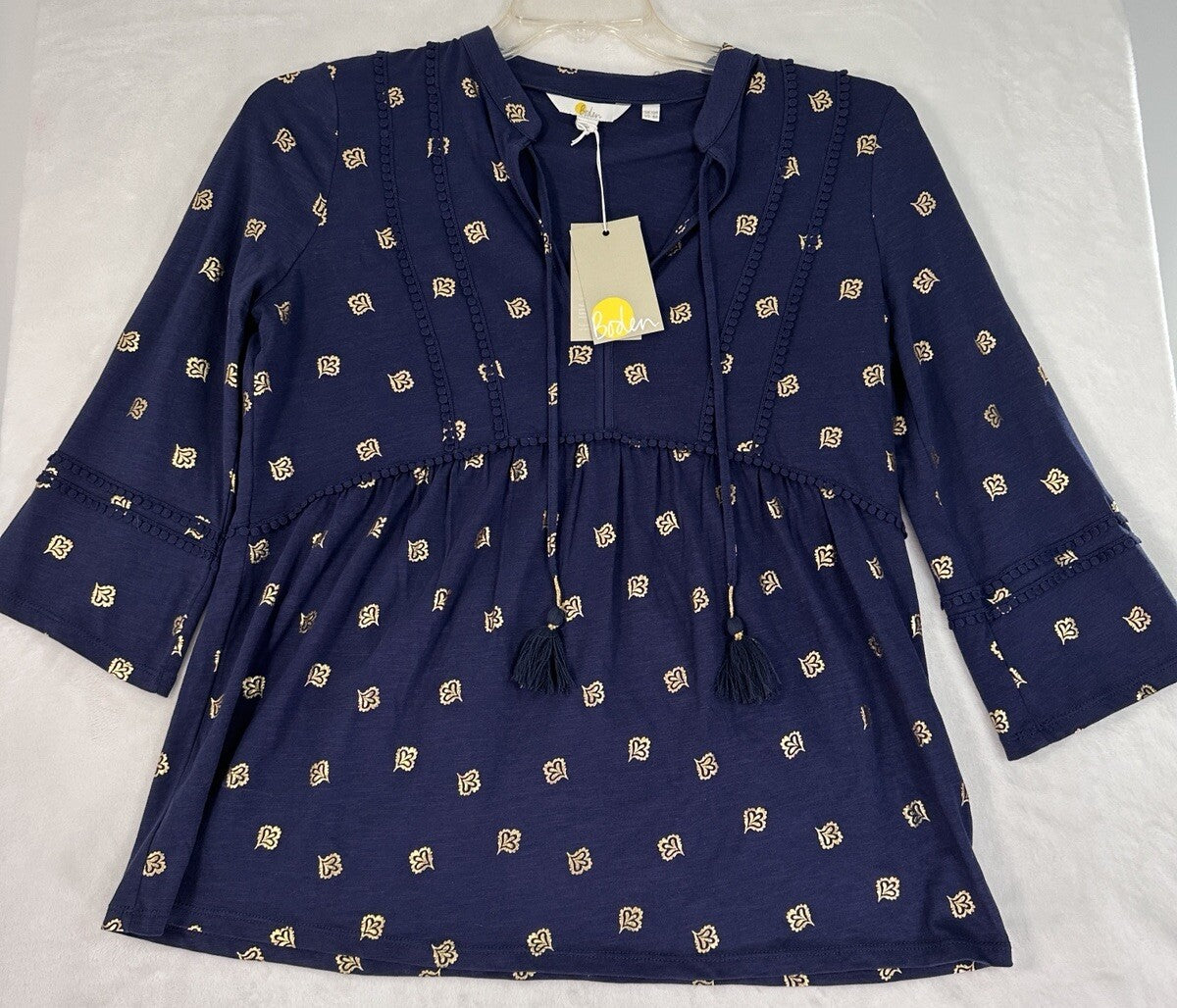 Boden Gemma Top US 8 UK 12 Navy Blue Gold Print  Jersey Knit Blouse Womens NWT