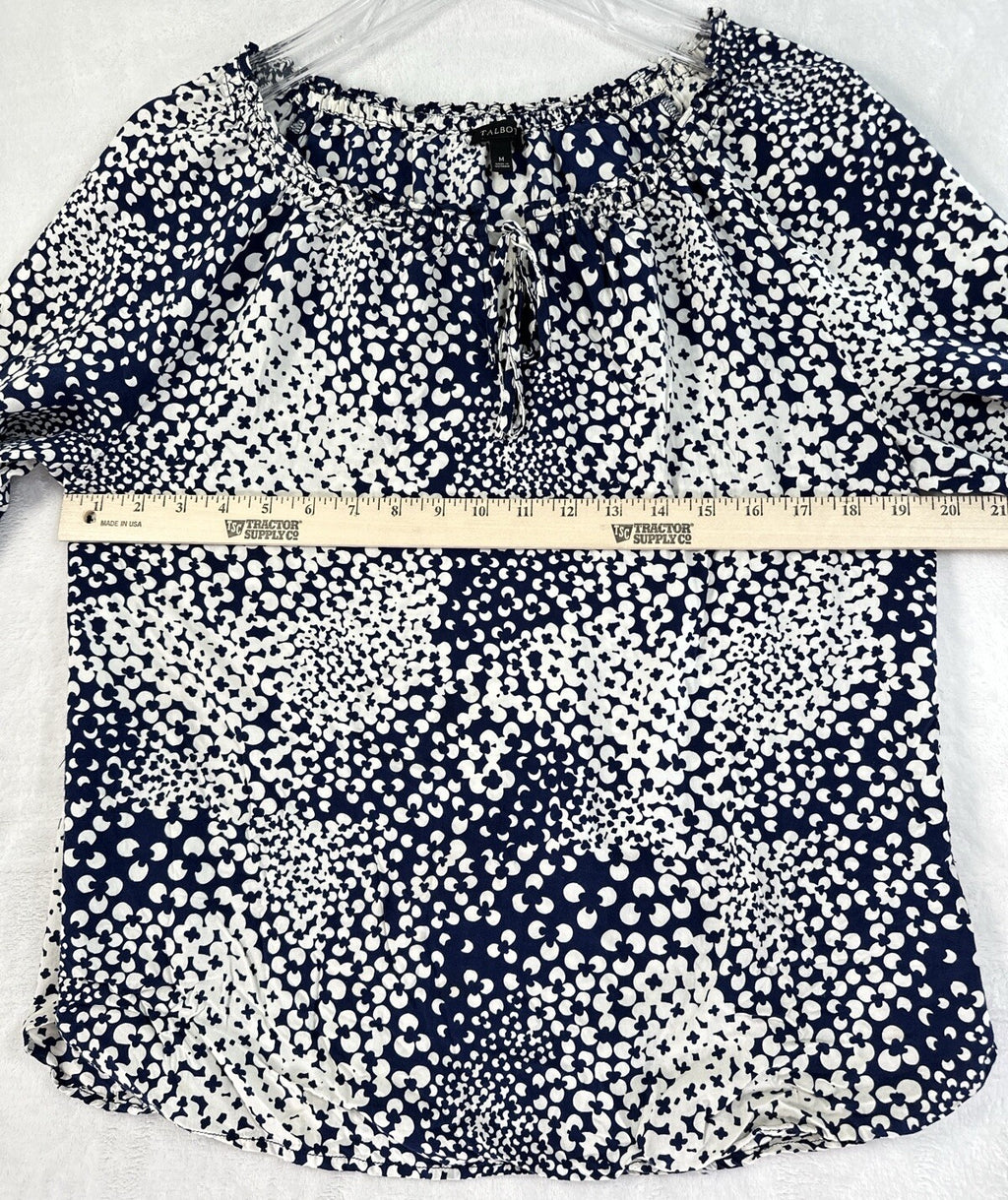 Talbots Medium Top Blue Blouse Abstract Clover Lightweight Rayon Womens Shirt