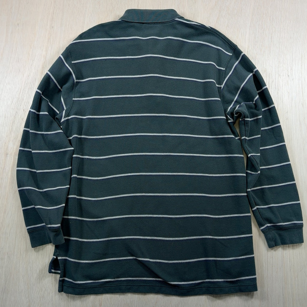 L.L.Bean VINTAGE Long Sleeve Polo Shirt L Mens green Striped Knit 3 Button