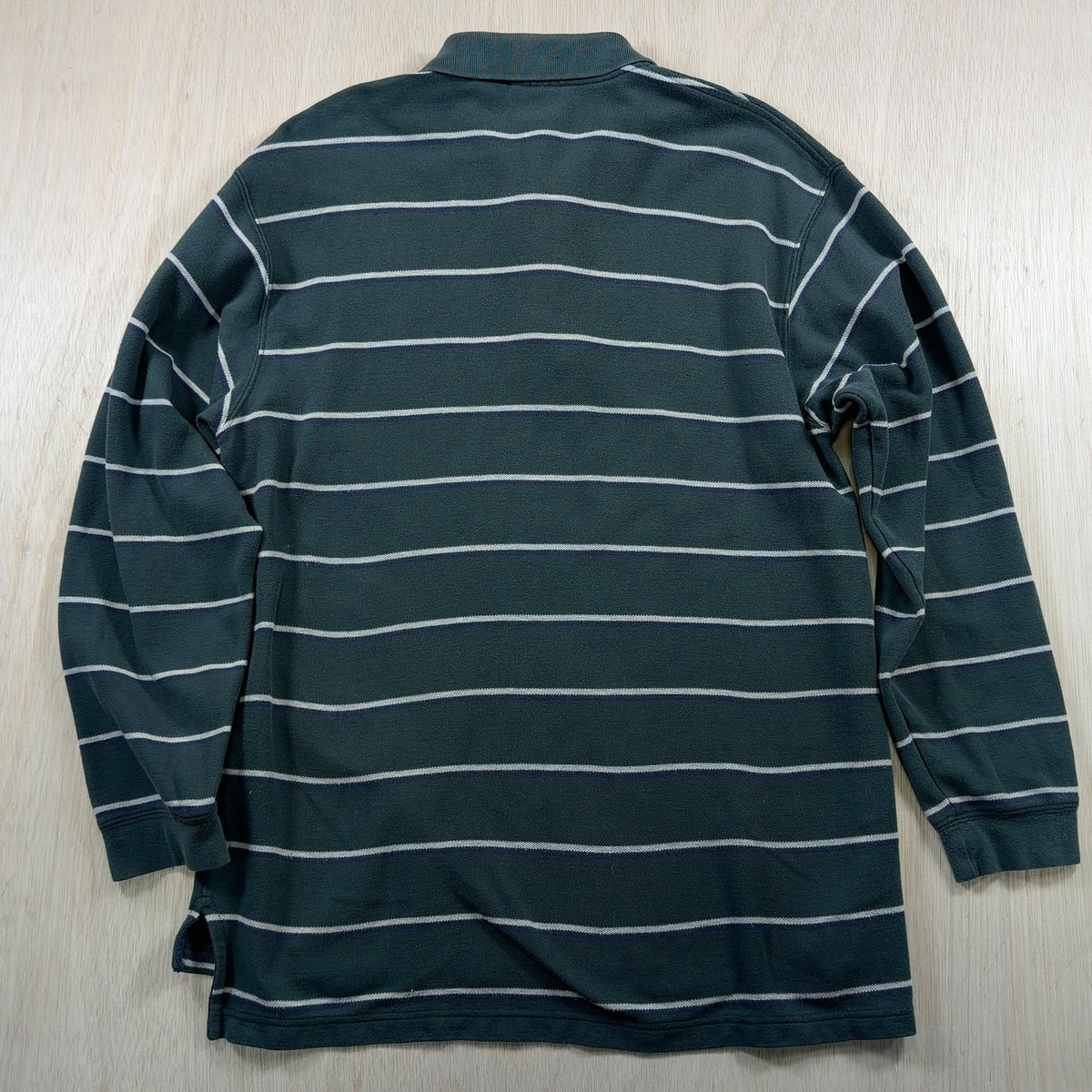 L.L.Bean VINTAGE Long Sleeve Polo Shirt L Mens green Striped Knit 3 Button