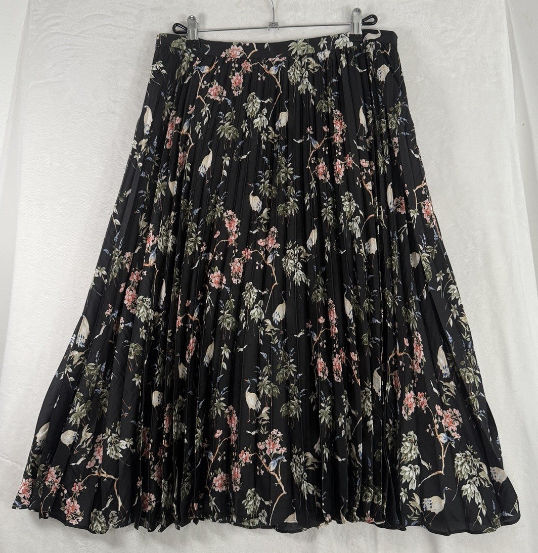 Banana Republic Midi Skirt 12 Black Bird Floral Print Soft Satin Pleated Womens