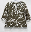 Talbots Top P XS Petite Tunic Tassels Olive Green Floral 3/4 Sleeve Womens