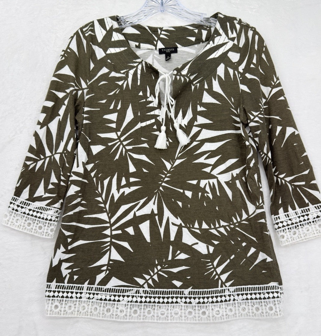Talbots Top P XS Petite Tunic Tassels Olive Green Floral 3/4 Sleeve Womens