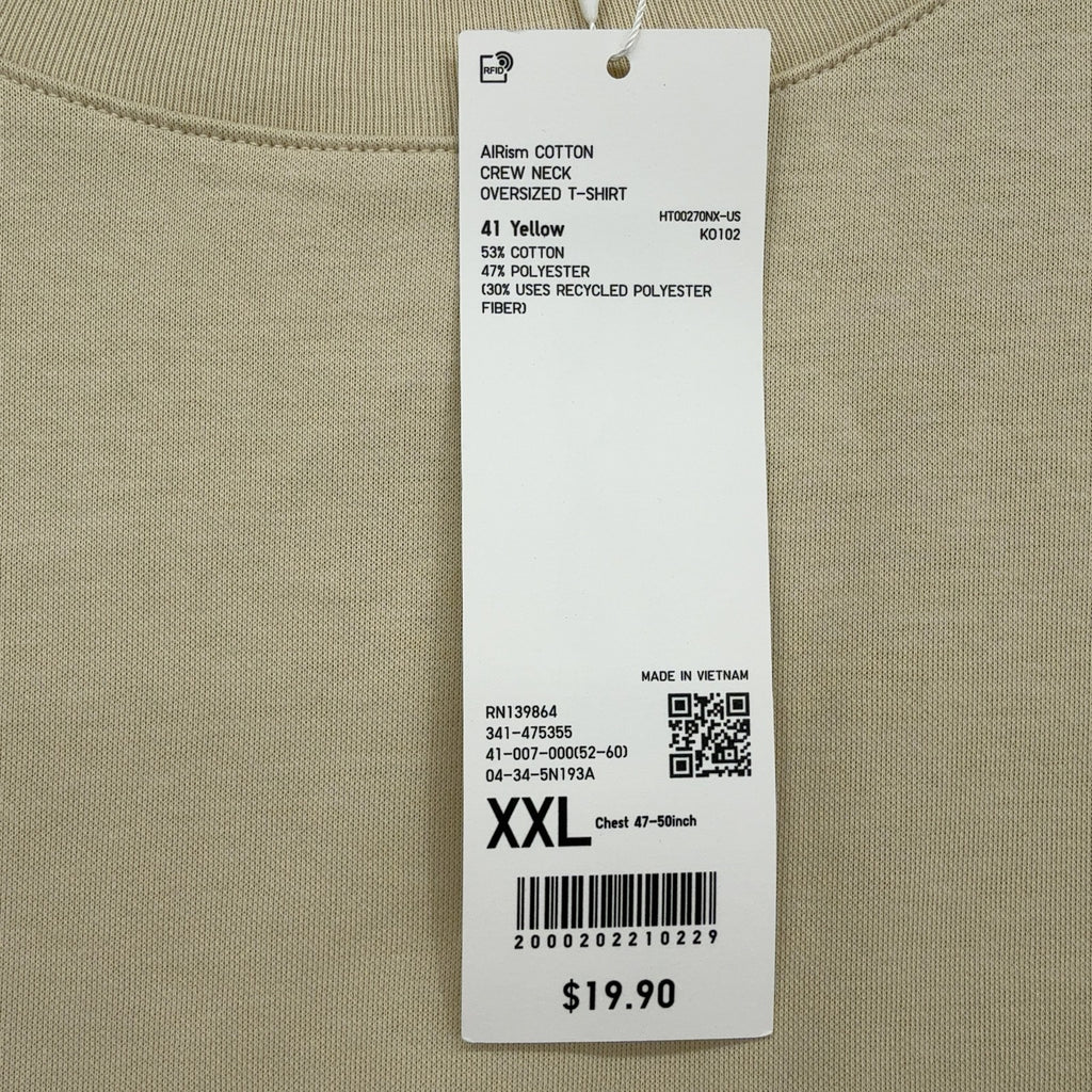 Uniqlo U AIRism Cotton Crew Neck Oversized T-Shirt 2XL Mens Beige  New NWT