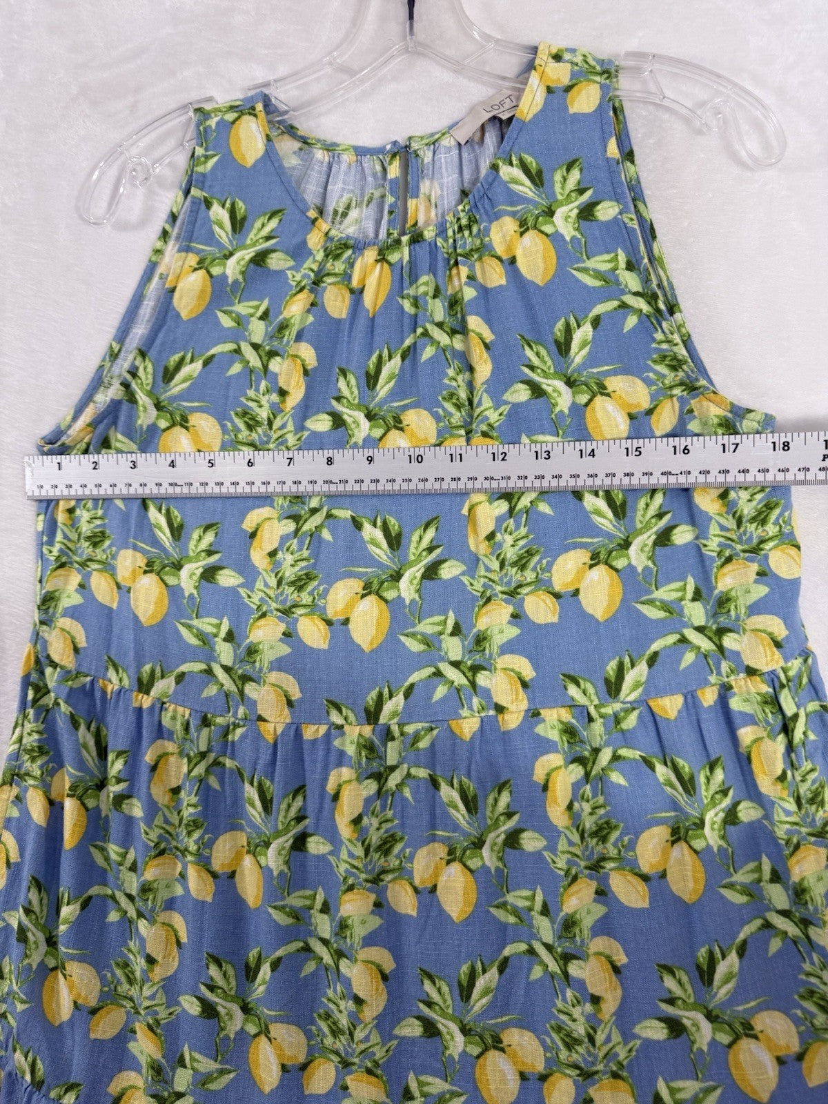 Ann Taylor Loft Dress Medium Linen Blue Lemons Print Sleeveless Shift Womens