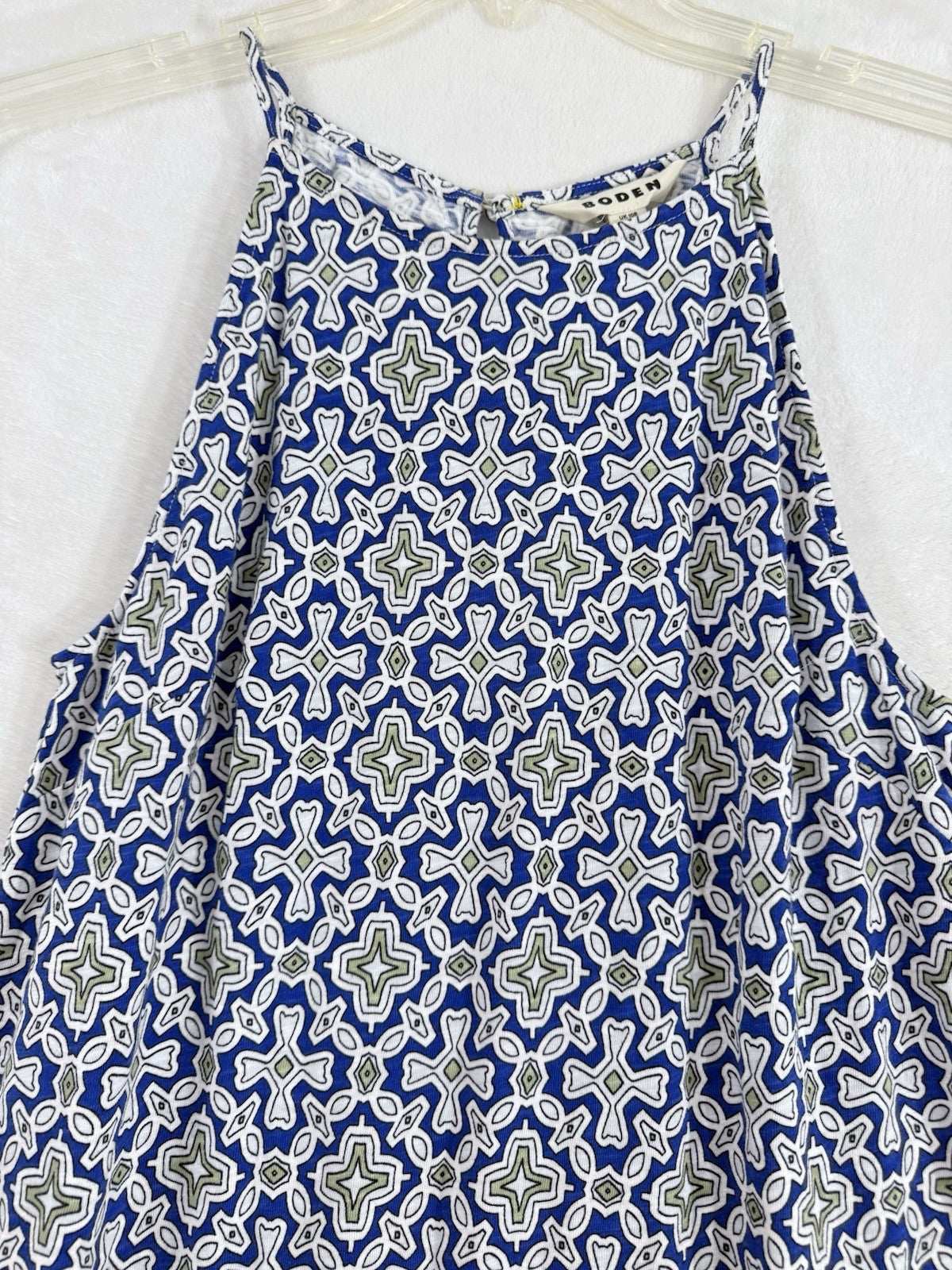 Boden Dress 6 Maxi Sleeveless Blue White Geometric Print 100% Cotton Womens