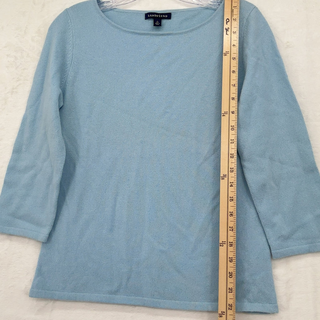 Lands End 100% Cashmere Sweater Small Womens Light Blue 3/4 Sleeve