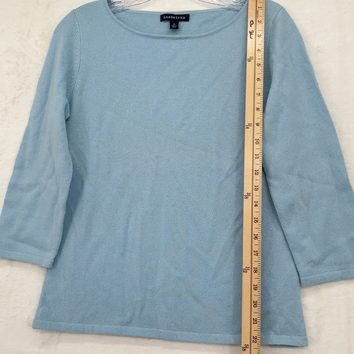 Lands End 100% Cashmere Sweater Small Womens Light Blue 3/4 Sleeve