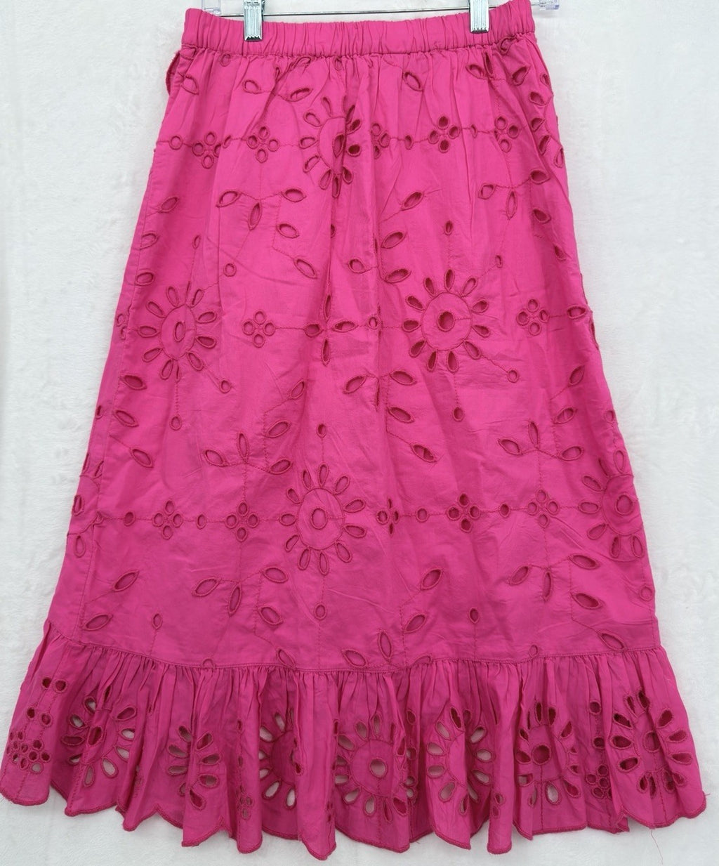 J Crew XS Midi Skirt Bright Pink Wrap 100% Cotton Ruffle Front Eyelet Womens New