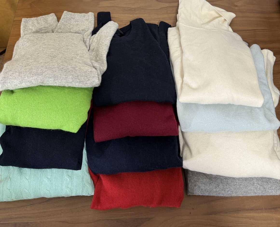 100% Cashmere Crafters Lot 12 Sweaters Lauren J Crew Gray Ivory Red Blue Green