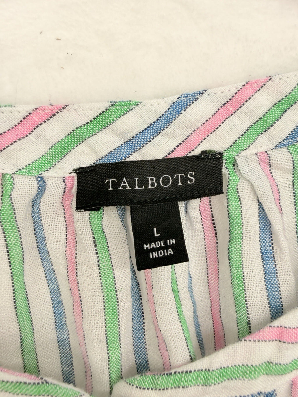 Talbots 100% Linen Top Large Sleeveless Striped Blue Pink Green Womens Blouse