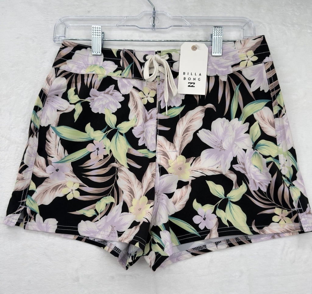 Billabong Womens Board Shorts Medium Black Floral Shadow Tropic Swim Bottoms New