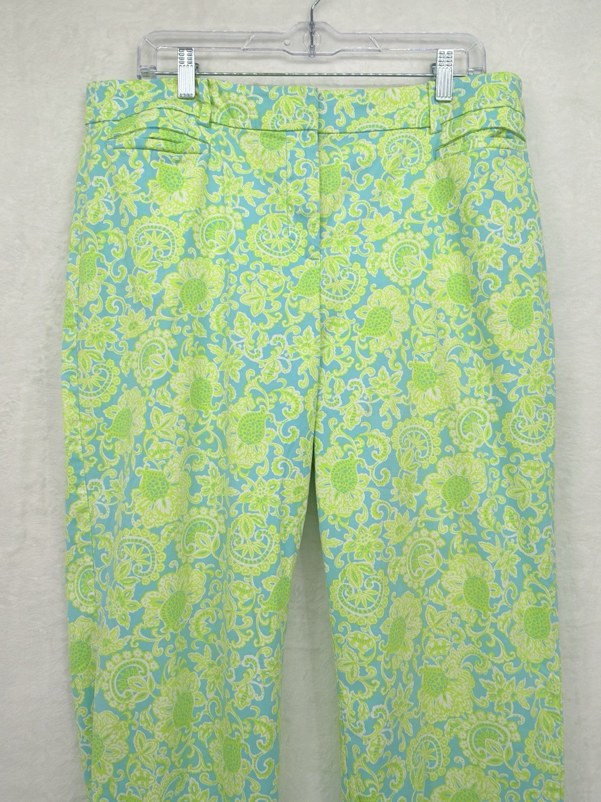 Talbots Perfect Crop Pants 12 Curvy Green Blue Print Womens Cotton Stretch
