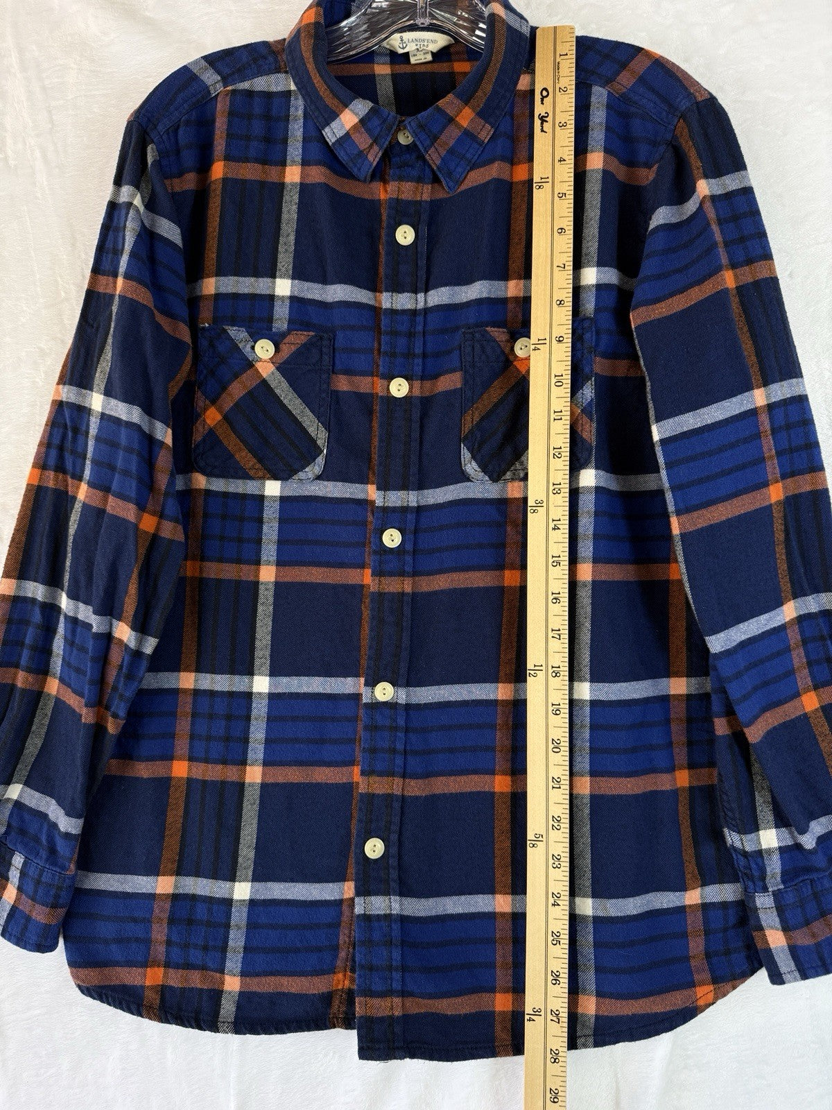 Lands End Kids Flannel Shirt XL Husky Boys Blue Orange Button Down