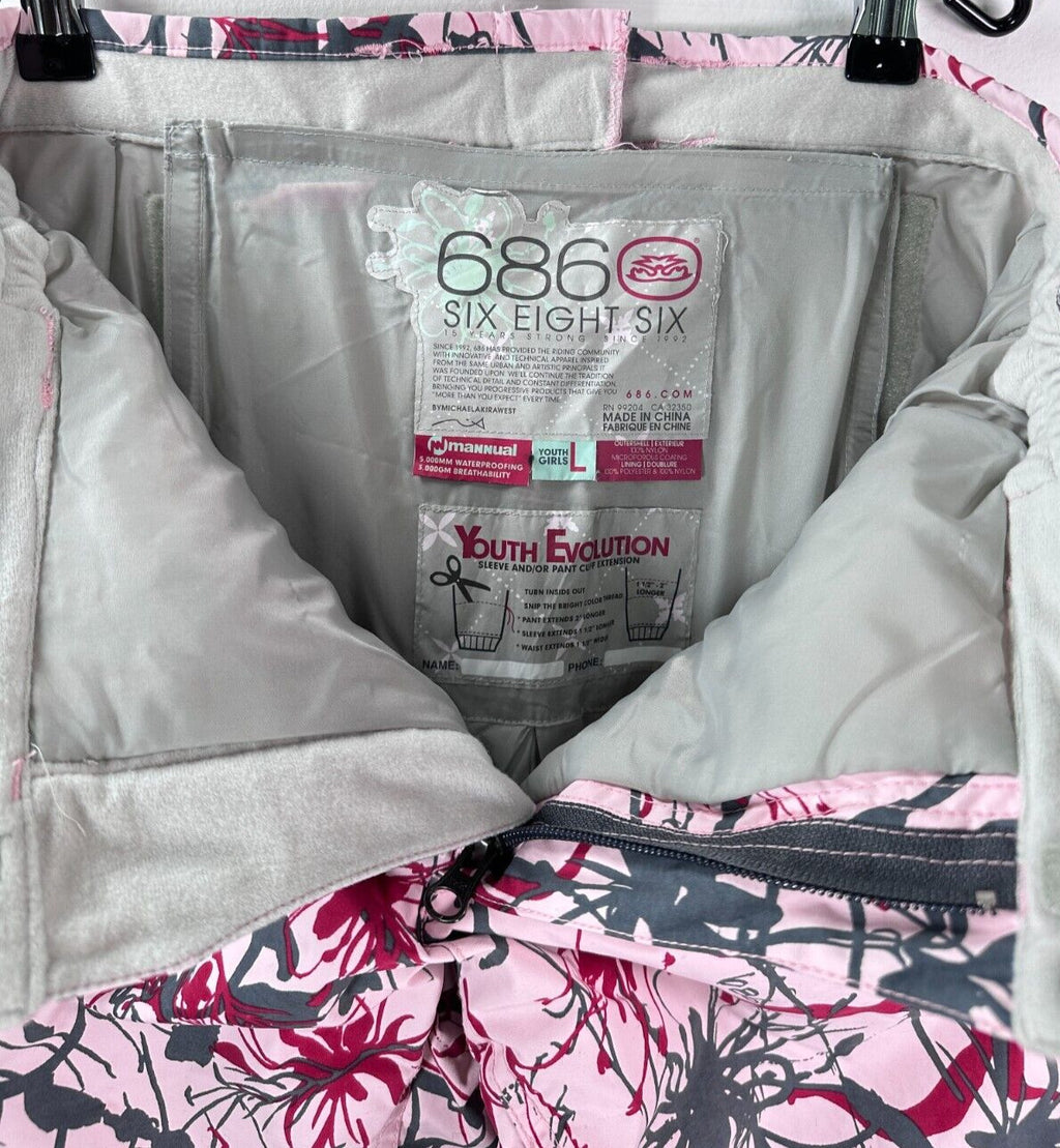 686 Snowboard Pants Girls Large Pink Floral Print Insulated Snowpants