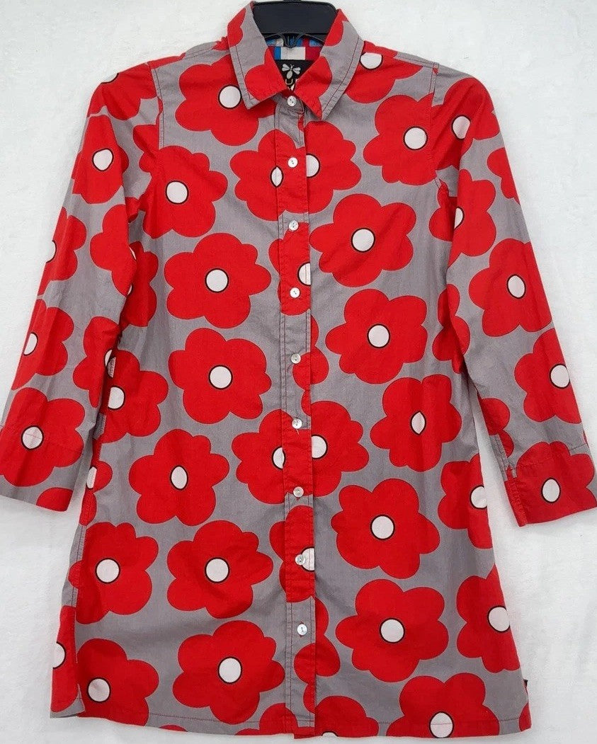 Llum Tunic Top 10 Womens Button Down Shirt Red Floral Poppy Print 100% Cotton