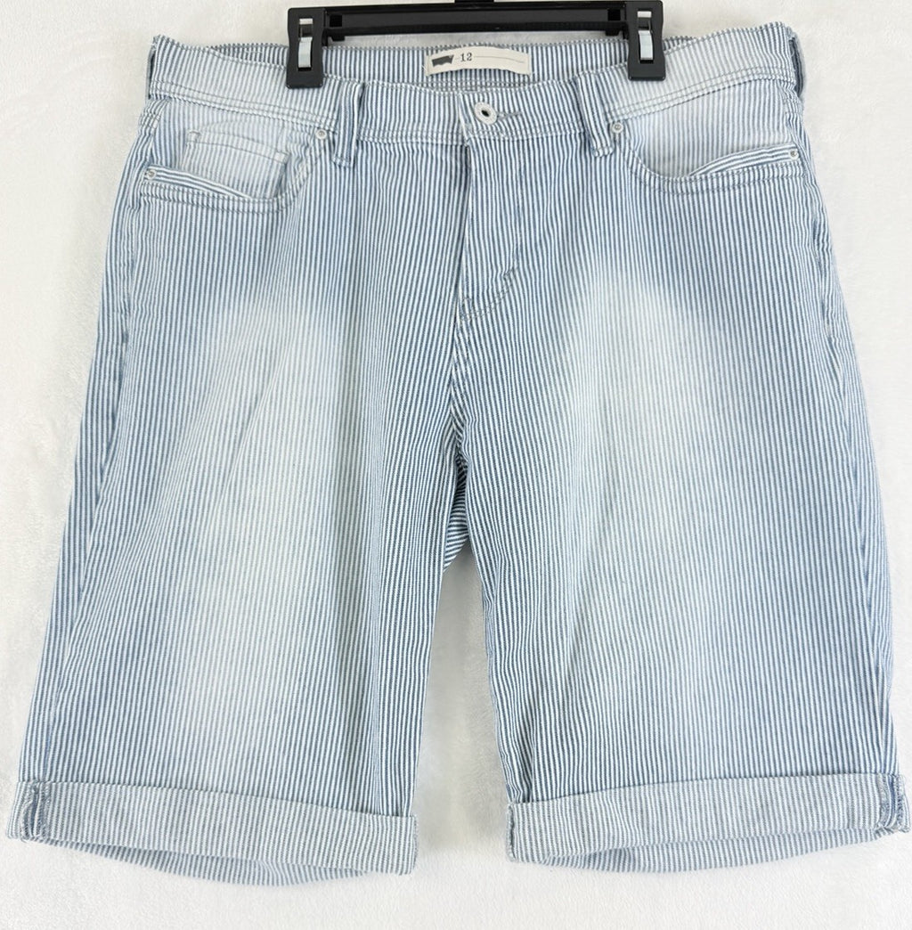 Levis Jean Shorts Women 12 Denim Light Blue White Striped 11” Bermuda Roll Hem