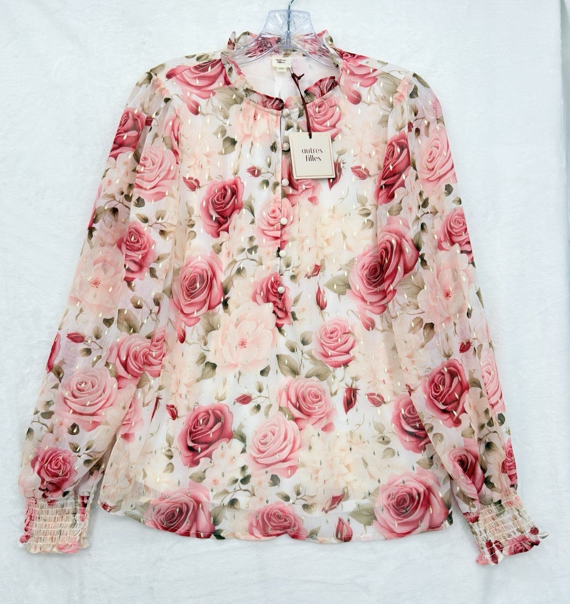Autres Filles Top Small Pink Roses  Long Sleeve Blouse Cottagecore Fairycore New