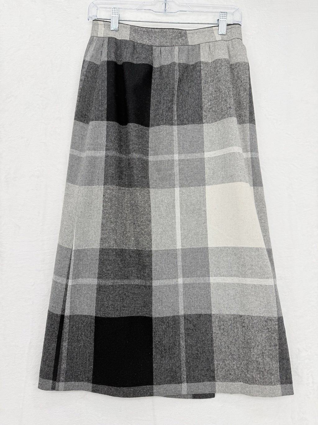 Vintage Wool Wrap Skirt Small Midi Gray Plaid Check Made In USA Dark Academia