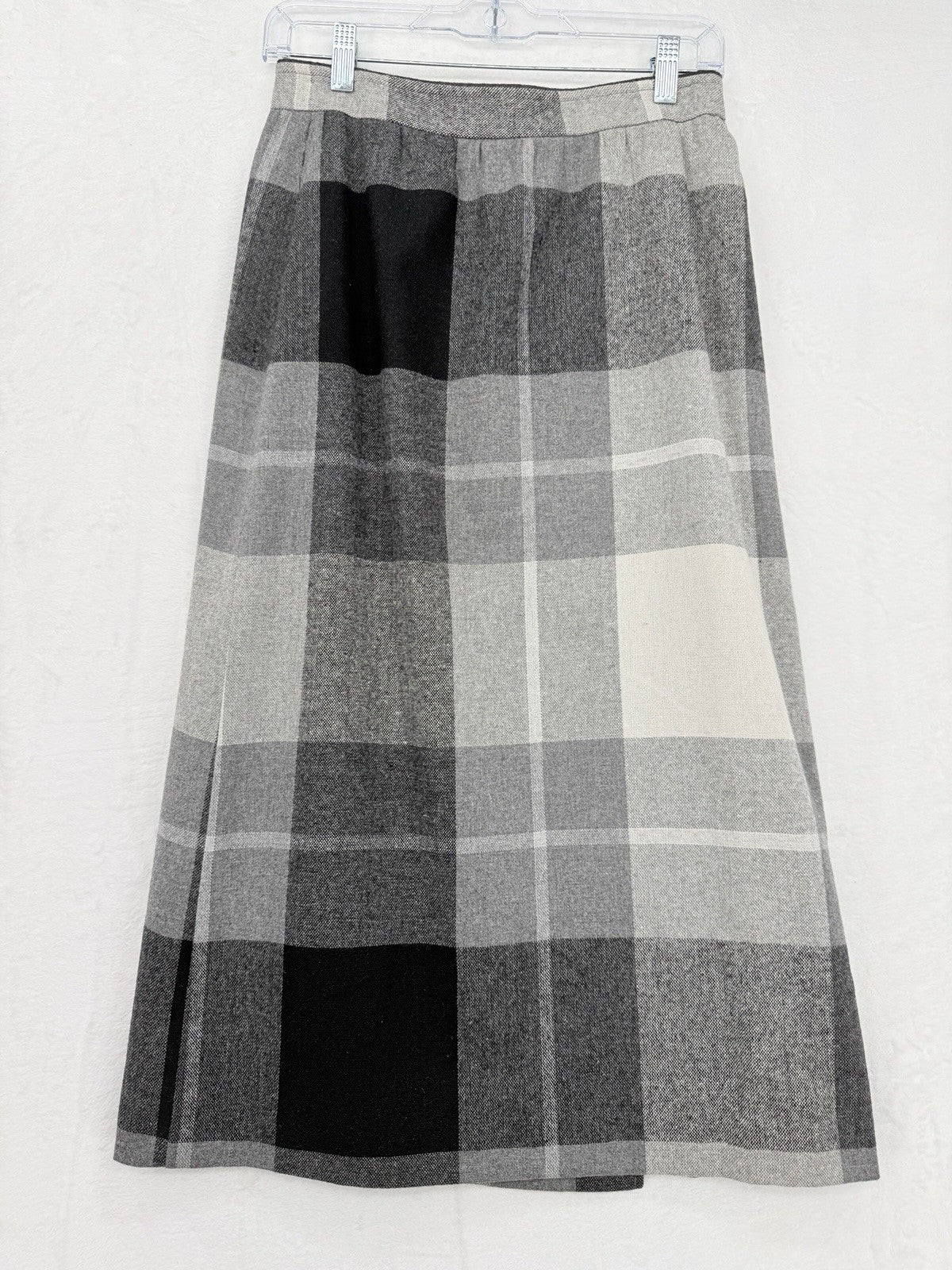 Vintage Wool Wrap Skirt Small Midi Gray Plaid Check Made In USA Dark Academia