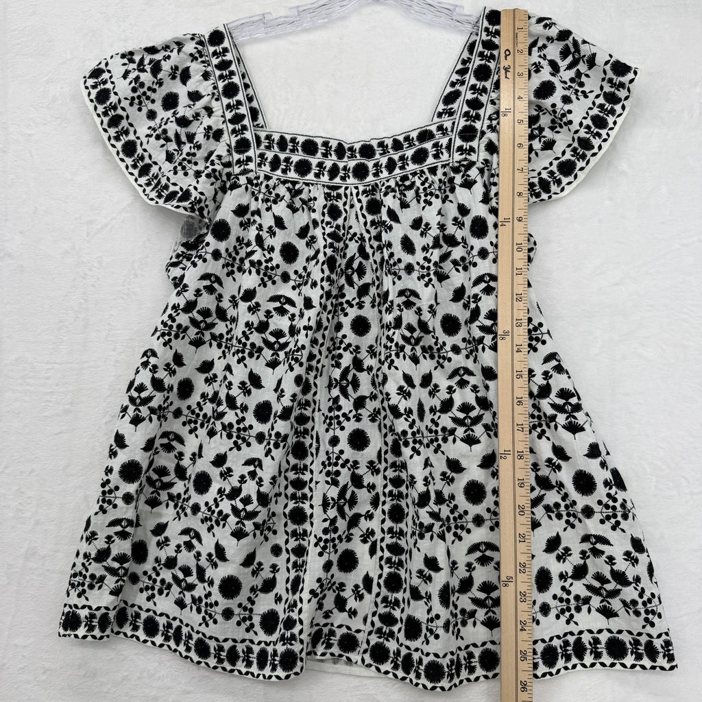 Max Studio London Top Large Square Neck Flutter Sleeve Black White Embroidered