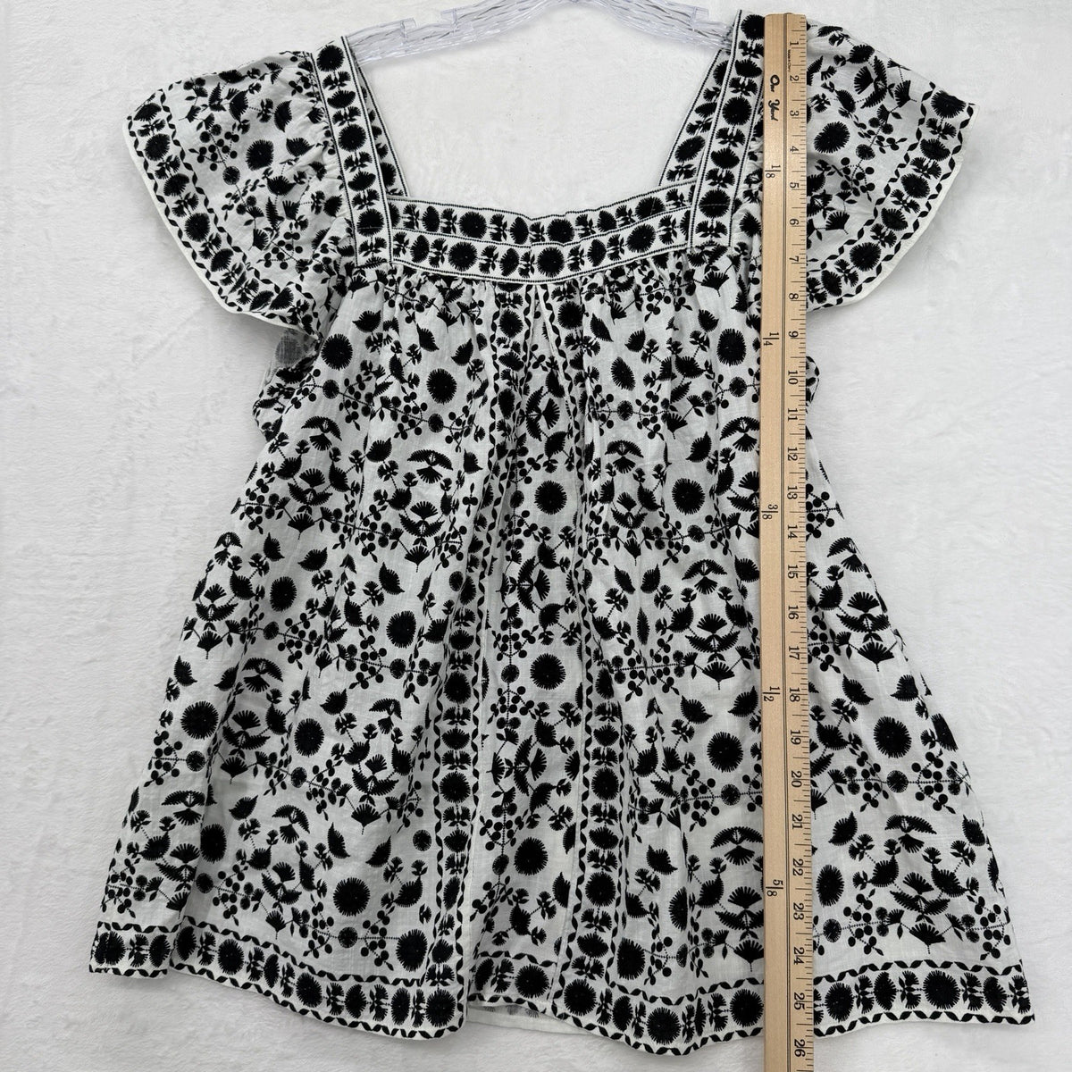 Max Studio London Top Large Square Neck Flutter Sleeve Black White Embroidered