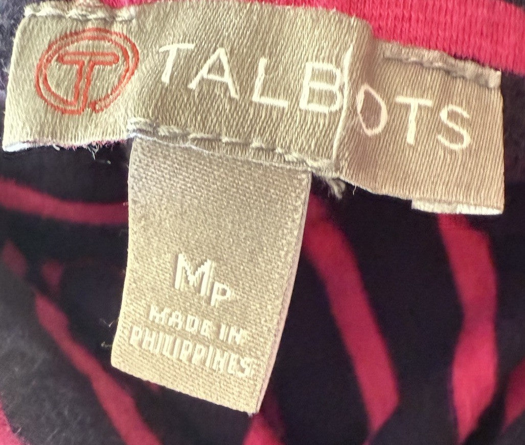 T By Talbots Medium Petite Midi Skirt Jersey Knit Navy Blue Pink Striped Pull On