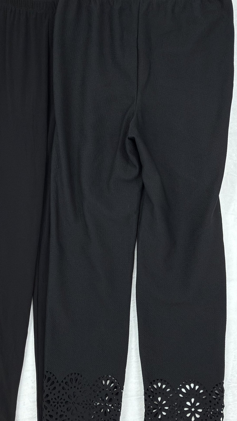 Slinky Brand Pull On Pants Medium Womens Black Floral Laser Cut Hem Lot 2 Pairs