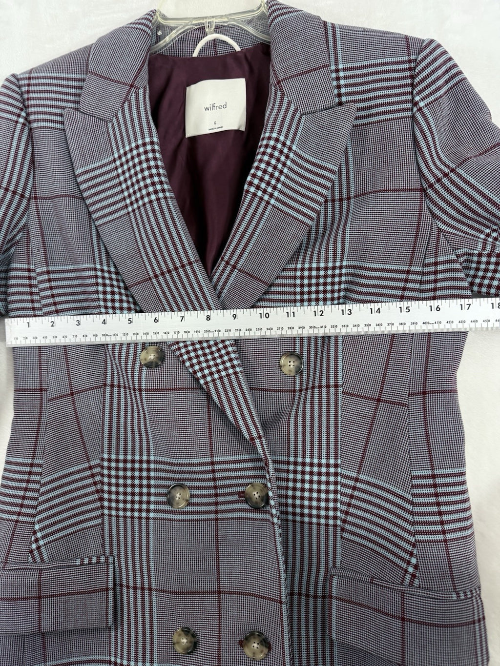 Aritzia Wilfred Blazer 6 Margaux Glen Plaid Jacket Gray Burgundy Double Breasted