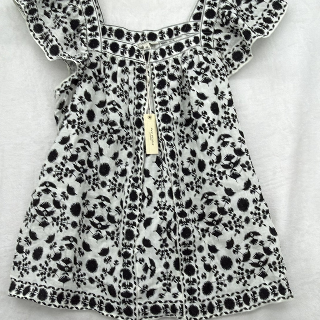 Max Studio London Top XS Flutter Sleeve White Black Floral Embroidered New NWT