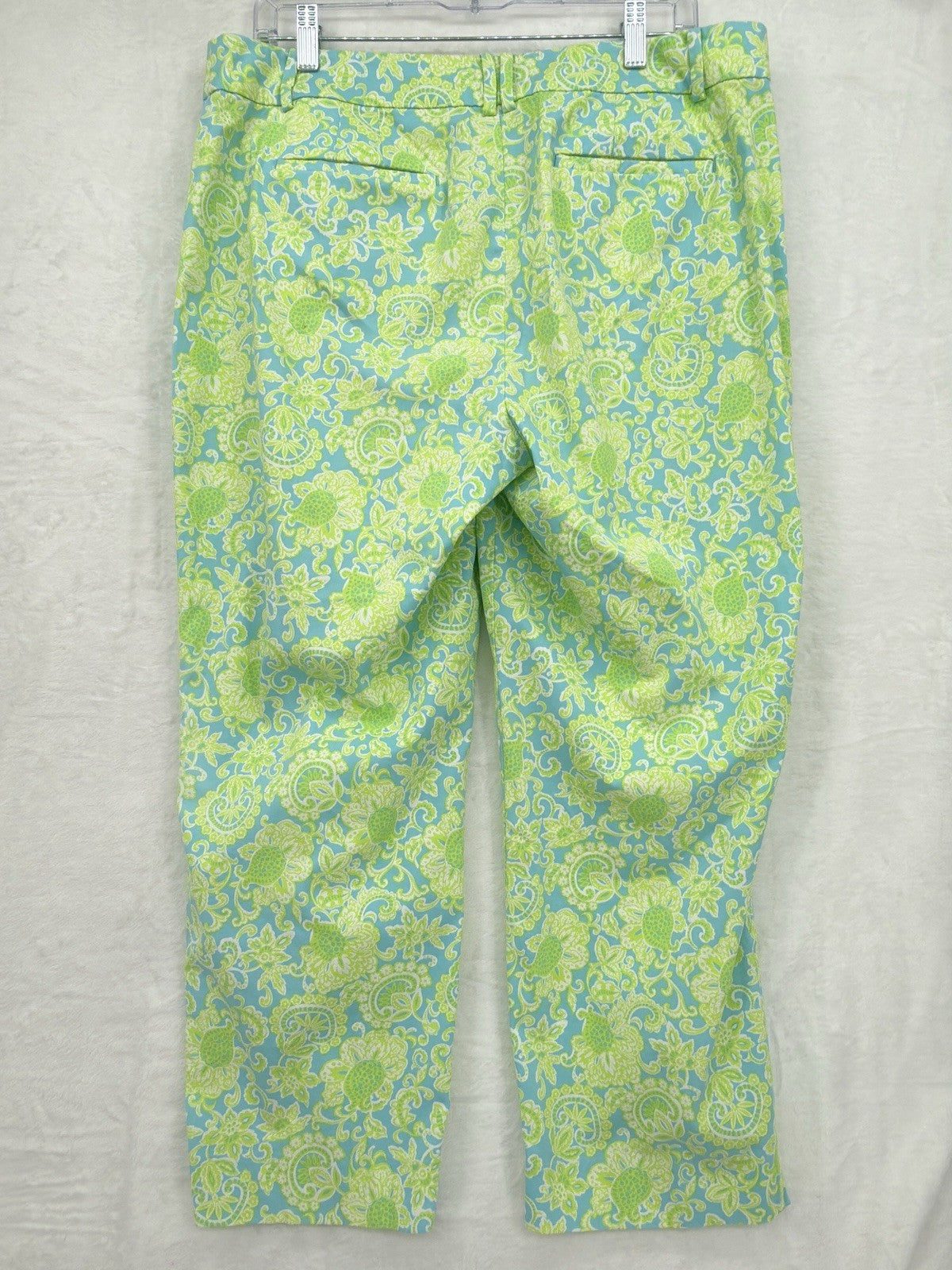 Talbots Perfect Crop Pants 12 Curvy Green Blue Print Womens Cotton Stretch