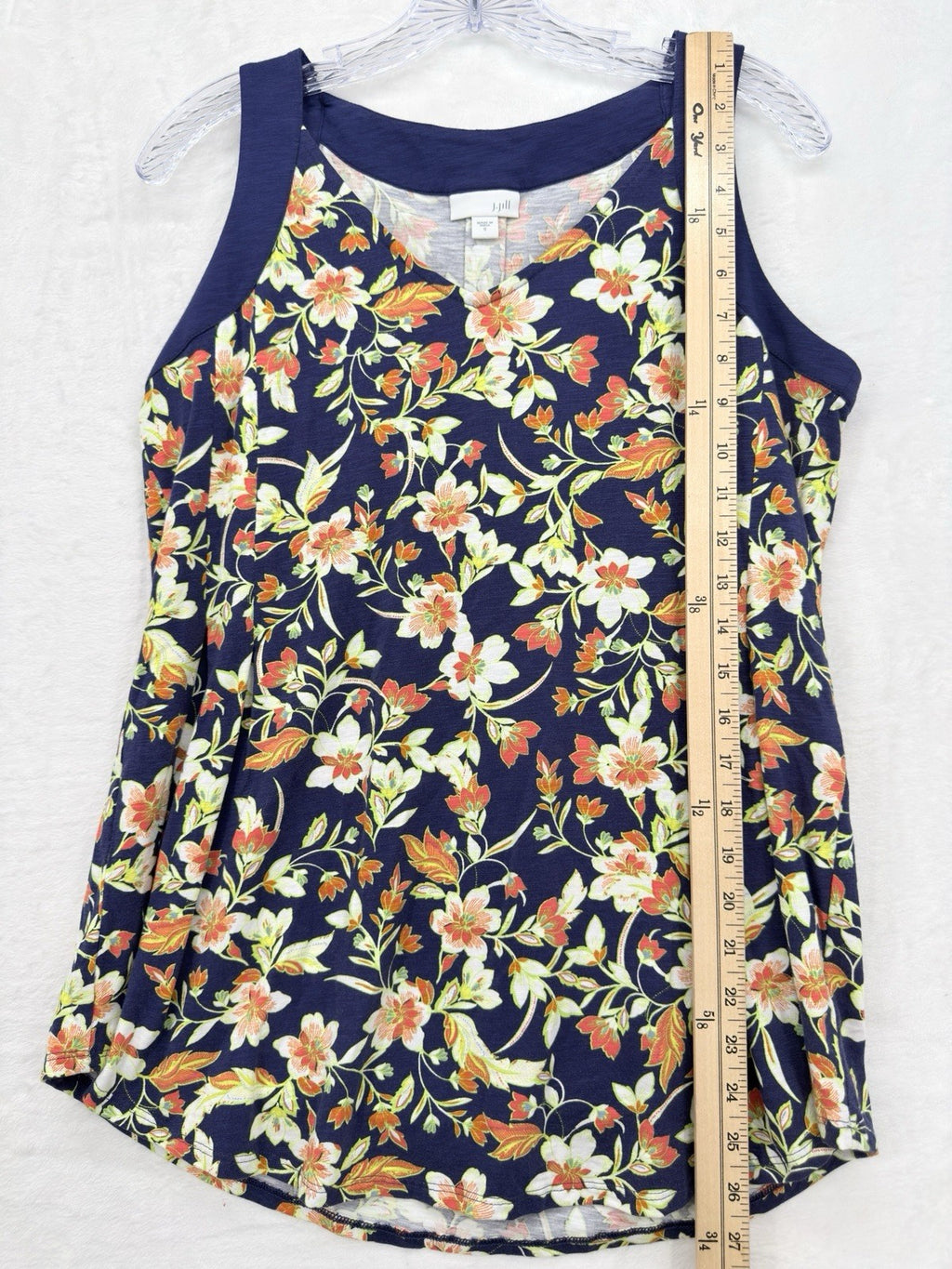 J Jill Top Small Knit Blue Floral Sleeveless V Neck Cotton Modal Stretch Womens