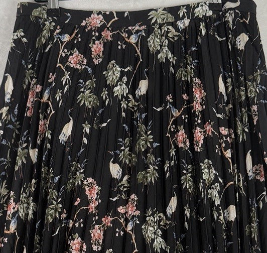 Banana Republic Midi Skirt 12 Black Bird Floral Print Soft Satin Pleated Womens