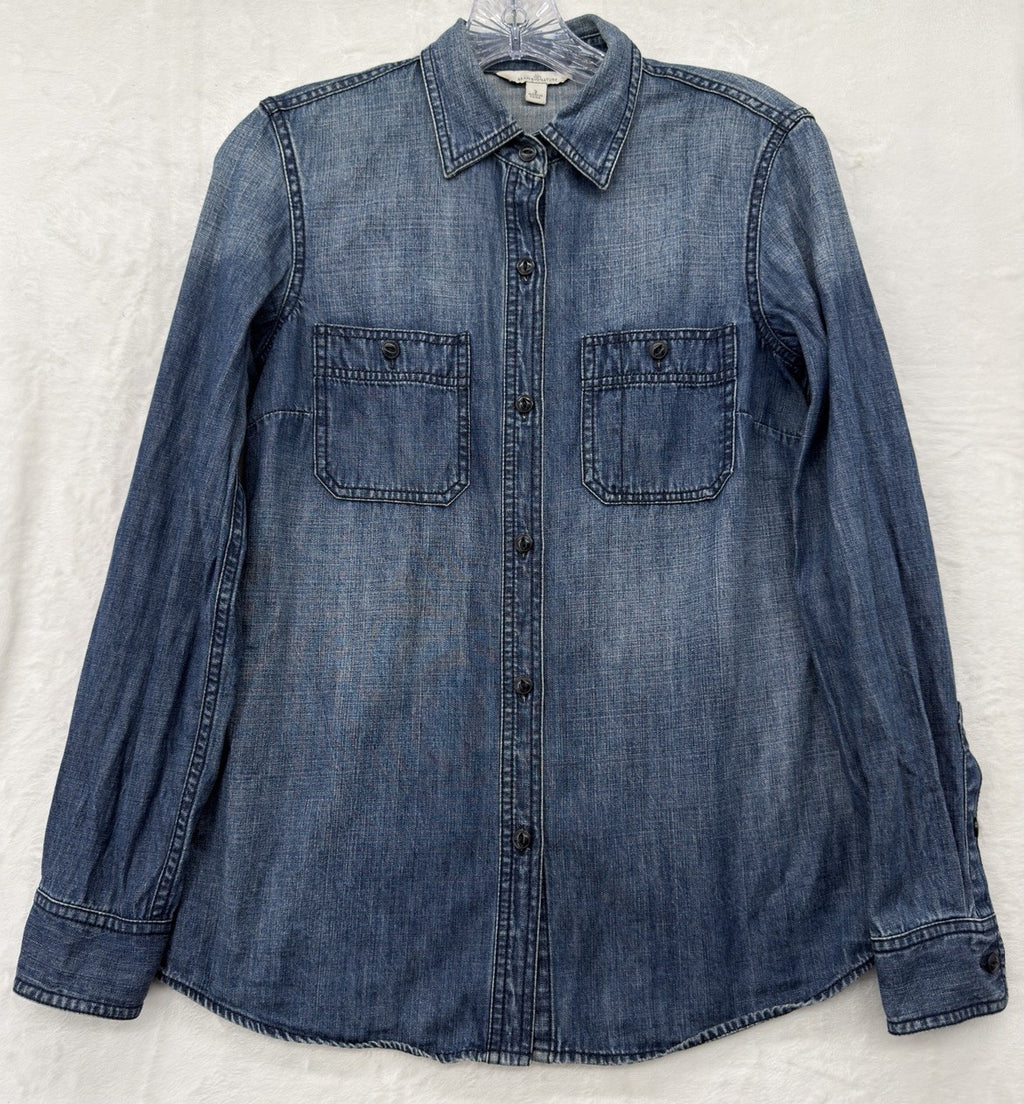 LL Bean Signature Denim Shirt Womens 2 Blue Long Sleeve Button Down
