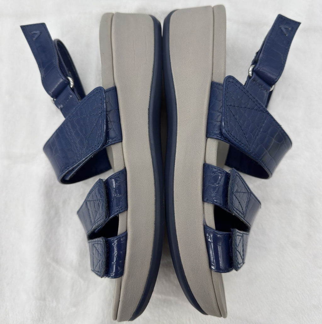 Vionic Womens 7 Roma Backstrap Platform Wedge Sandals Blue Patent Leather Shoes
