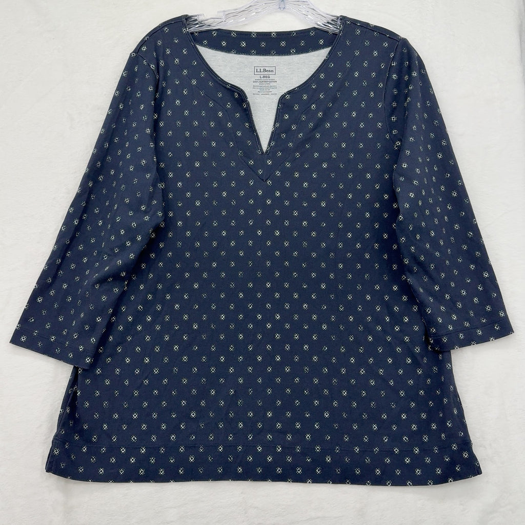 L.L.Bean Split Neck Tunic Top Large Womens Navy Supima Cotton 3/4 Sleeve Knit